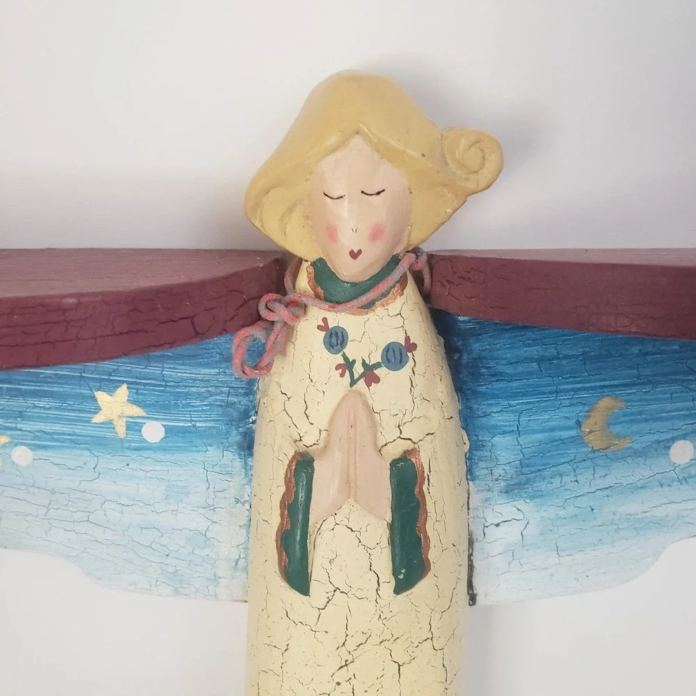 VTG Praying Angel Wood Wall Shelf Hand Painted Folk Art 17